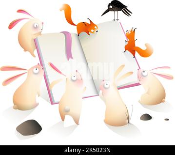 Cute Animals Reading Story Book in Winter Forest Stock Vector