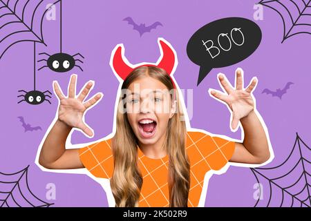 Creative poster collage of funny funky young small girl kid fake red demon horns scare claws roar frighten spider web halloween party promo Stock Photo
