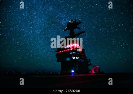 ATLANTIC OCEAN (Dec. 13, 2017) -- USS Gerald R. Ford (CVN 78) transits the Atlantic Ocean at night. Ford is underway conducting test and evaluation operations. (U.S. Navy photo by Mass Communication Specialist 1st Class Joshua D. Sheppard) Stock Photo