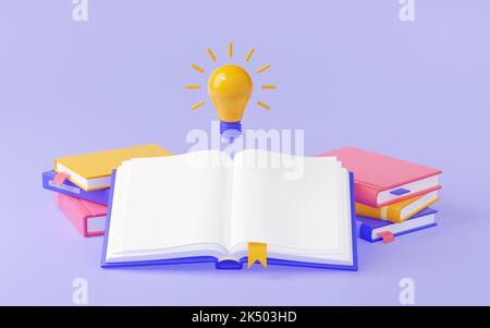 3d render, power of knowledge concept with open book and glowing light bulb and stacked textbooks around. Education, school learning, creative idea, inspiration Illustration in cartoon plastic style Stock Photo