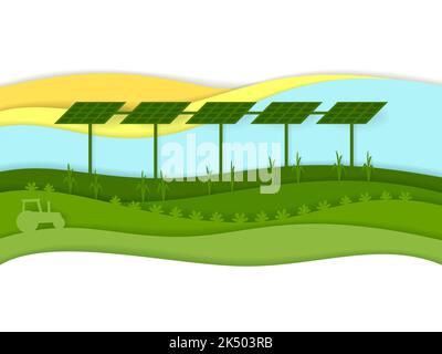 Solar panels over an agriculture field representing agrivoltaics. Paper layer style Stock Vector