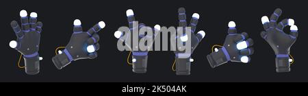 Robot hands 3d render, chatbot or cyborg gestures ok, pointing, victory, thumb up, rock, open palm. Futuristic black and blue bionic arms with wires isolated Illustration in cartoon plastic style Stock Photo