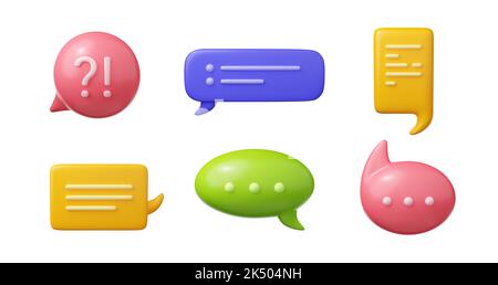 3d render speech bubbles, isolated communication, chat and question balloons. Dialogue, speak and message boxes, colorful cloud elements on white background, Illustration in cartoon plastic style Stock Photo