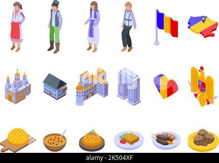 Romania icons set isometric vector. Bucharest food. Map castle Stock Vector