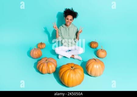 Full length photo of cute sweet girl dressed hoodie showing two v-signs ready curving pumpkins isolated teal color background Stock Photo