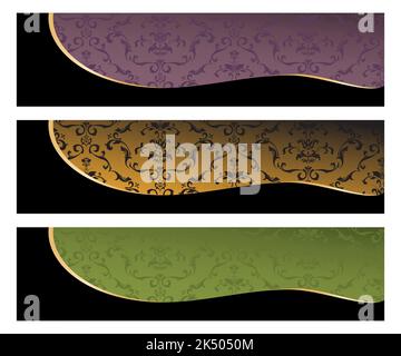A set of three damask print banners with black wave detail Stock Vector