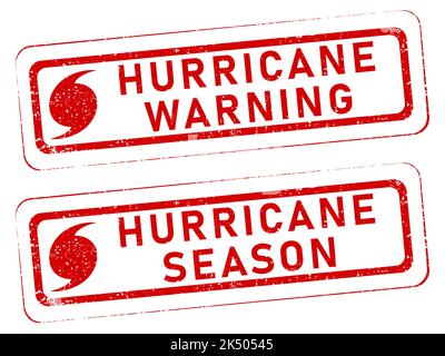 A pair of grunge stamps with hurricane warning designs. Isolated and transparent on white background. Stock Vector