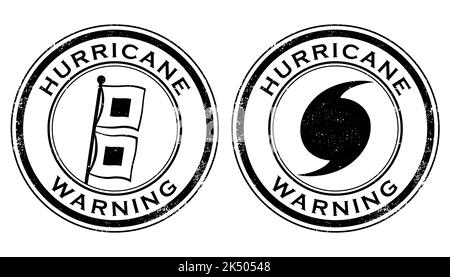 A pair of grunge stamps with hurricane warning designs. Isolated and transparent on white background. Stock Vector