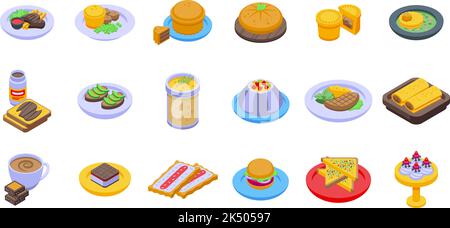Australian cuisine icons set isometric vector. Cake dish. Breakfast apple Stock Vector