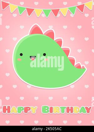 Greeting card Happy Birthday. Cute happy dinosaur. cartoon flat vector illustration. Stock Vector