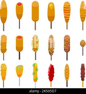 Corn dog icons set isometric vector. American carnival. Chili dish Stock Vector