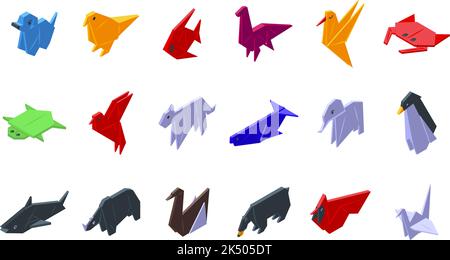 Origami animals icons set isometric vector. Paper polygon. Geometric poly Stock Vector