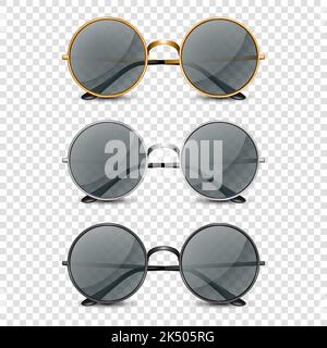 Vector 3d Realistic Round Frame Glasses Set with Black Transparent Glass isolated, Sunglasses for Women and Men, Accessory. Optics, Lens, Vintage Stock Vector