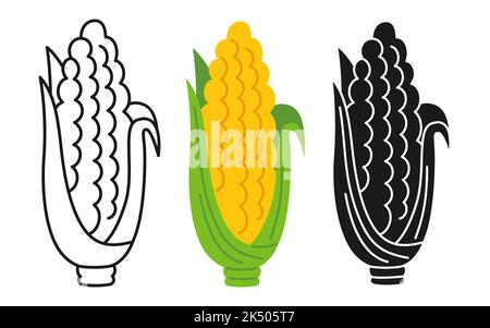 Corn Cob cartoon linear icon set, doodle style, engraving silhouette. Symbol fresh maize vegetable, organic healthy food design. Harvest agricultural vegetarian kitchen, farm market menu vector Stock Vector