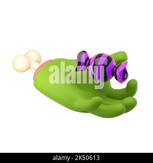 3d zombie hand in plastic cartoon style. Green monster Halloween character palms with bones holding violet candy. High quality isolated render Stock Photo