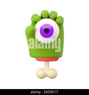 3d zombie hand in plastic cartoon style. Green monster Halloween character palms with bones holding violet eyeball. High quality isolated render Stock Photo