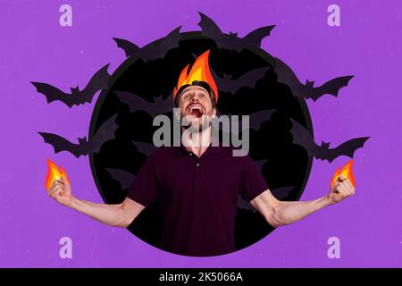 Collage photo of young funny excited angry guy burning halloween celebrating event darkness flame bats flying isolated on bright violet color Stock Photo