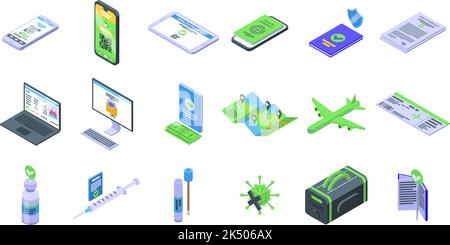 Health passport icons set isometric vector. Vaccine syringe. Covid injection Stock Vector
