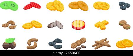 Dried fruits icons set isometric vector. Apricot fig. Food raisin Stock Vector