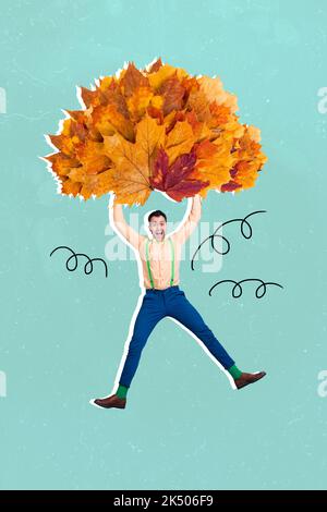 Creative photo 3d collage poster postcard artwork of happy young man hold big bunch dry leaves isolated on drawing background Stock Photo