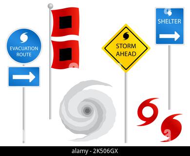 A set of hurricane related signs and symbols isolated on white Stock Vector