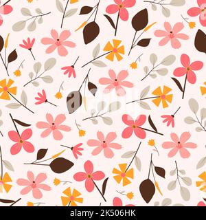 Modern trendy beautiful vector ditsy floral seamless pattern design. Elegant blooming flowers and branches of leaves. Composite overlay repeating text Stock Vector