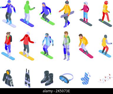 Snowboarding school icons set isometric vector. Ski activity. Family school Stock Vector
