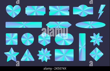 Holographic stickers set, hologram labels. Metallic conical gradient emblems. Stock Vector