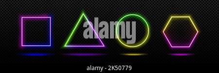 Neon geometric figures png set on transparent background. Vector illustration of colorful square, triangle, circle, hexagon elements glowing in darkness with realistic LED backlight. Empty frames Stock Vector