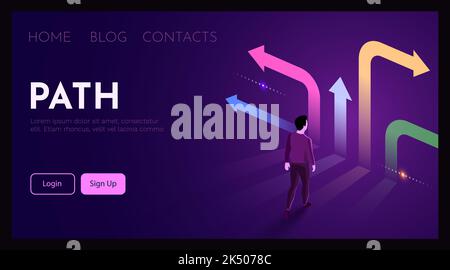 Man stands in front of different paths choosing the best one. Manager decision concept. Vector illustration Stock Vector