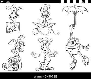Black and white cartoon illustration of funny clowns comic characters set coloring page Stock Vector