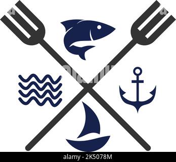 sailboat fish restaurant logo Icon Illustration Brand Identity Stock Vector