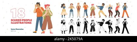 Set of scared people, afraid characters in shock and panic. Diverse terrified, frightened, surprised men and women, vector black and white, colored illustration Stock Vector
