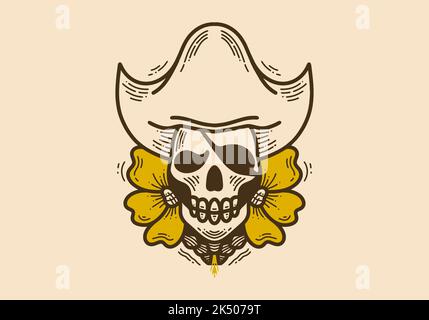 Vintage style illustration design of a skull wearing a pirate hat with sunflowers on the side Stock Vector