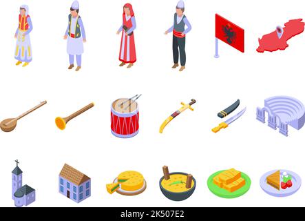 Albania icons set isometric vector. Area map. Flag country Stock Vector