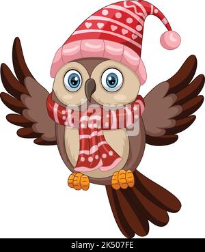 Cute owl cartoon wearing a scarf and santa hat Stock Vector