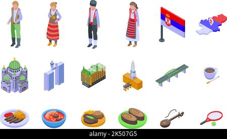 Serbia icons set isometric vector. Country flag. Travel map Stock Vector