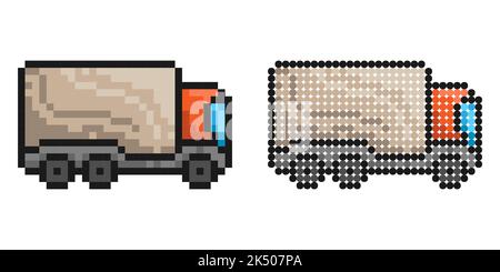 Pixel icon. Heavy construction equipment truck, garbage truck. Industrial machinery and equipment. Simple retro game vector isolated on white backgrou Stock Vector