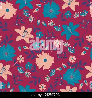 Modern vector ditsy floral seamless pattern design of lily, cosmos flowers and leaves. Blooming flowers and leaves illustration. Foliage repeat textur Stock Vector