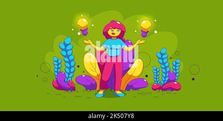 Choice between two ideas, best solution, decisions comparison concept. Doubt woman scales light bulbs on hands standing on lawn with abstract plants, vector illustration in contemporary style Stock Vector