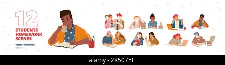 Students do homework, read books, use laptop, drink coffee and write. Scenes of diverse young people learning and study together, vector hand drawn illustration Stock Vector