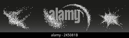 Realistic set of sugar, salt crystals or rice png scattered on dark surface. Vector illustration of piles of white granules isolated on transparent background. Cooking ingredients for flavor enhancing Stock Vector