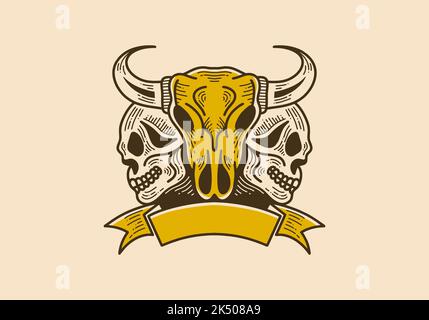 Vintage style illustration design of a bull skull with two skulls on the side Stock Vector