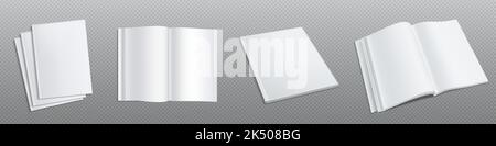Empty notebook open and closed top view, realistic set. Vector illustration of paper book with blank white pages isolated on transparent background. Product catalog 3d mockup. Private diary template Stock Vector