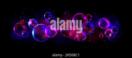 Abstract background with neon soap bubbles, rainbow colorful iridescent glass balls or spheres on black backdrop. Water foam, shiny bright soapy circles graphics, Realistic 3d vector illustration Stock Vector