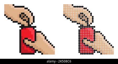 Pixel icon. Hand opens aluminum can for soft drinks. Storing cocktails and soda in jar. Simple retro game vector isolated on white background Stock Vector