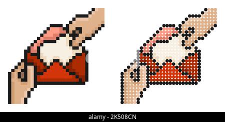 Pixel icon. Hands hold envelope with heart shaped greeting card for holiday on Valentine Day. Simple retro game vector isolated on white background Stock Vector