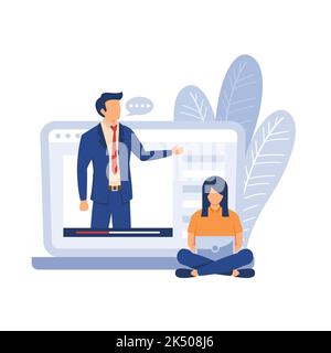 E-learning banner. Online education, home schooling. Modern workplace, man teacher on laptop screen, woman watching online course. Web courses or tuto Stock Vector