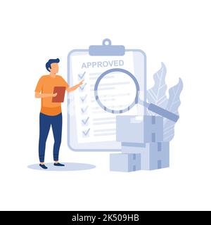 Person looking at boxes through magnifying glass and check list. Concept of product quality control, inspection or test procedure focused on fulfillin Stock Vector