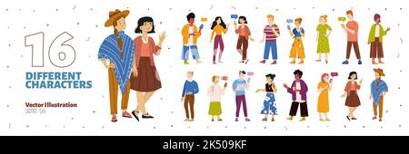 Set of 16 different flat characters with smartphones isolated on white background. Vector illustration of men and women of various age and nationality using gadgets for communication, chatting online Stock Vector